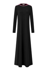 Black long-sleeve maxi nightgown with contrasting velvet trim around the neckline