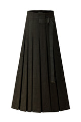 36"Green Belted Pleated Maxi Skirt