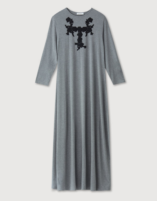 Pull On Nightgown with Contrast Lace Appliqu?? Gray Heather