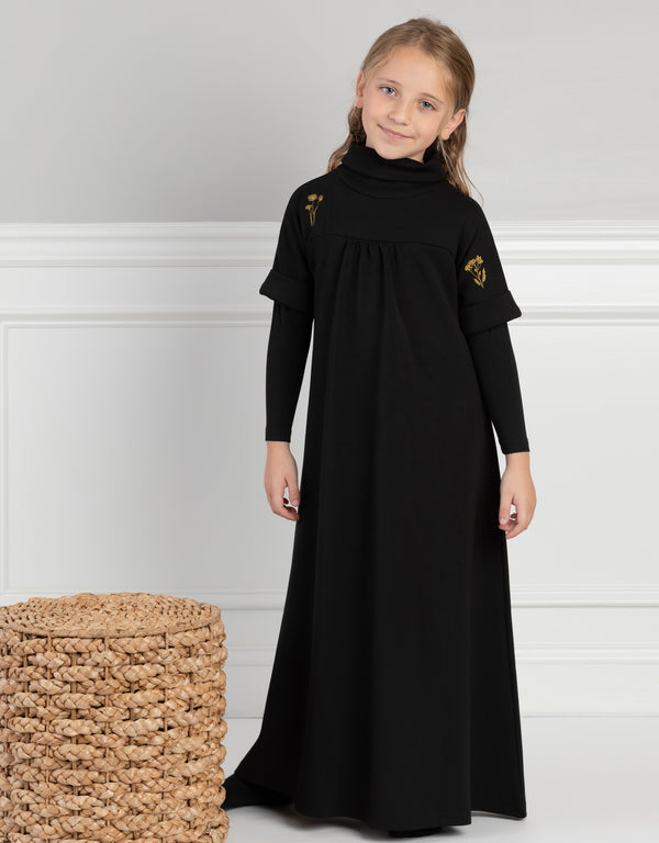 Girls Embroidered Maxi Dress Shabbos Robe with Attached Shell Sleeves