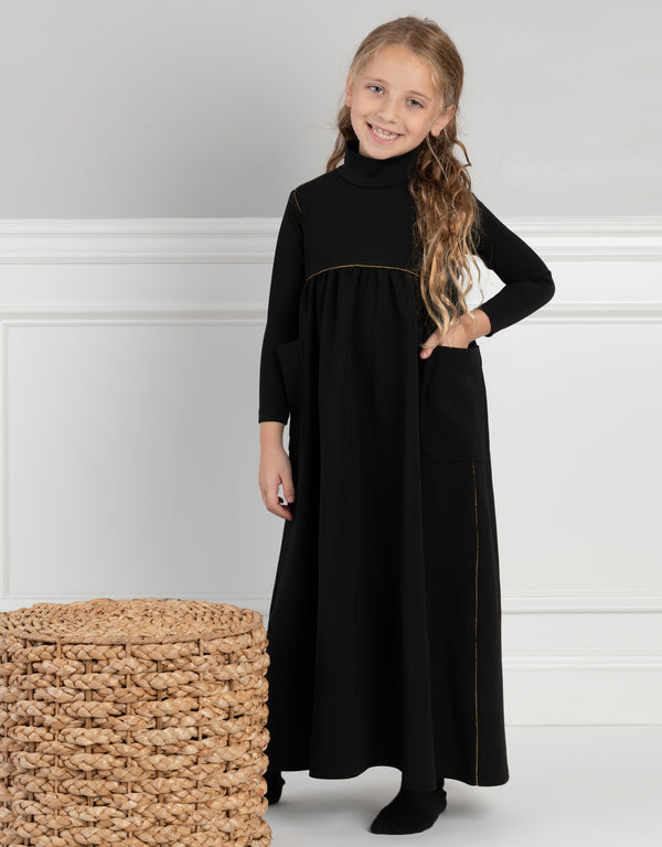 Girls Maxi Dress Shabbos Robe with Gold Accent Stitching