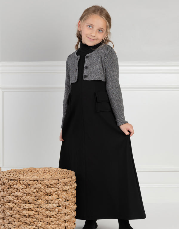 Girls Maxi Shabbos Robe with Turtleneck and Cargo Pockets Black
