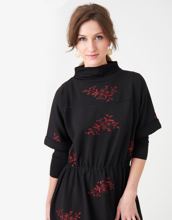 Embroidered Jersey Funnel Neck Maxi Dress Shabbos Robe Coral