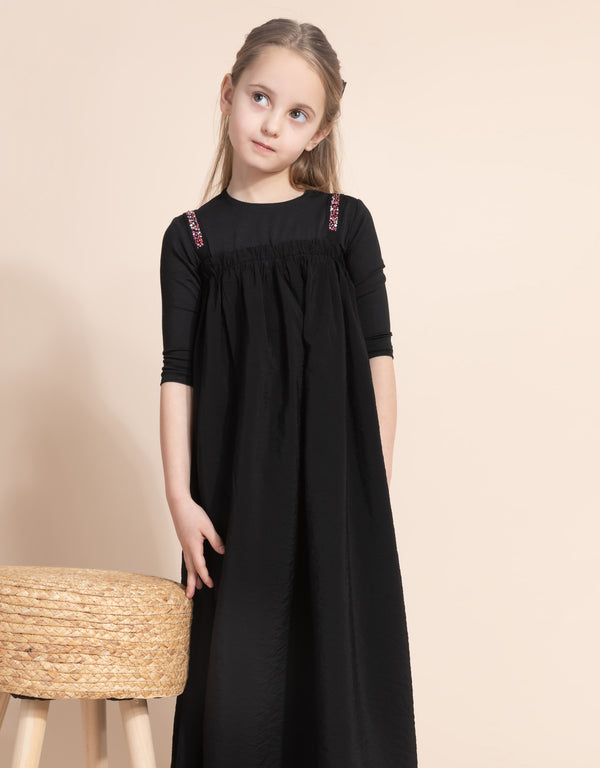 Girls Long or Short Woven Jumper with Shirring and Embellished Straps