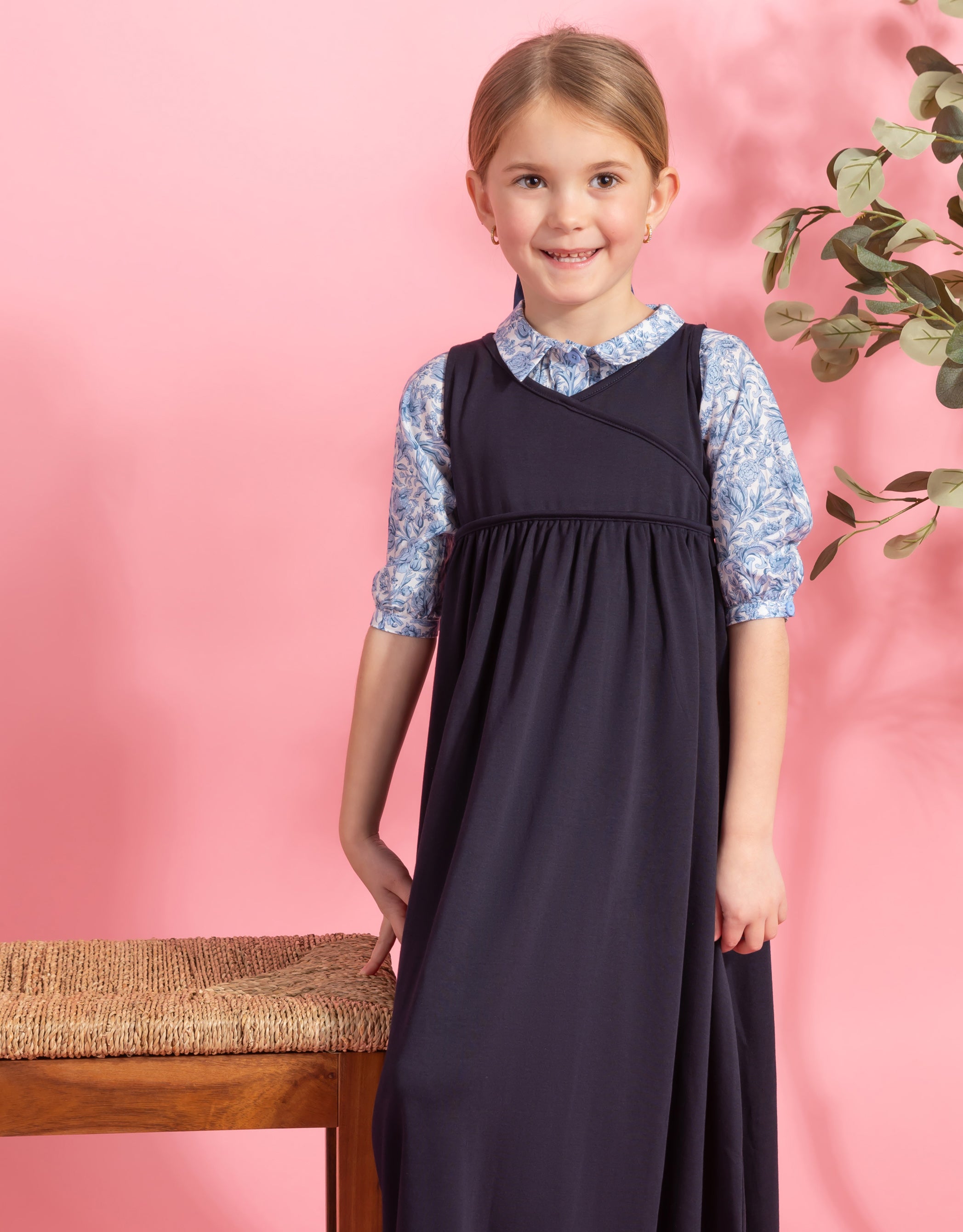 Girls Long or Short Jersey Crossover Dress Navy