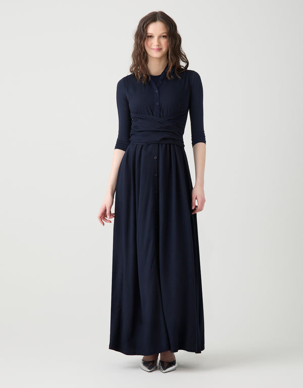 Sleeveless Rayon Maxi Dress with Multi Option Wrap Around Sash Navy