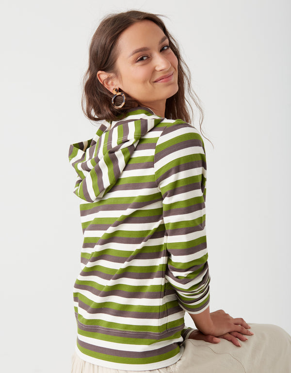 Light French Terry Striped Kanga Zip Hoodie Gray Green Multi