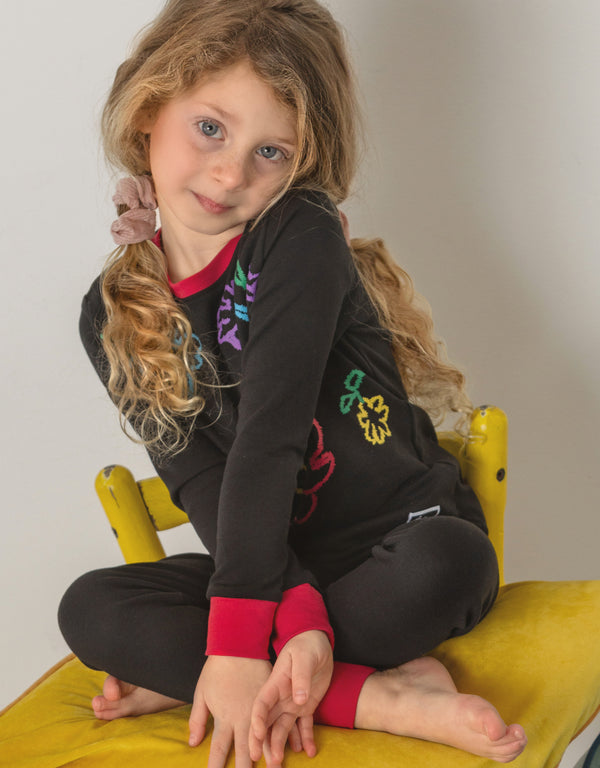 Pima Cotton Fuzzy Flowers Kids Pajamas Legging Playwear Set Black