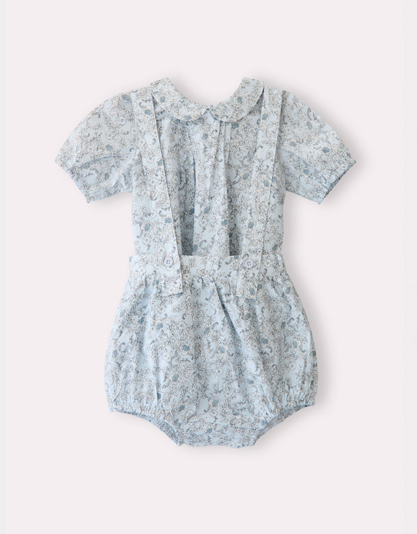Toddler Girl Pintucked Linen Playwear Bloomer Set Mini Floral Blue