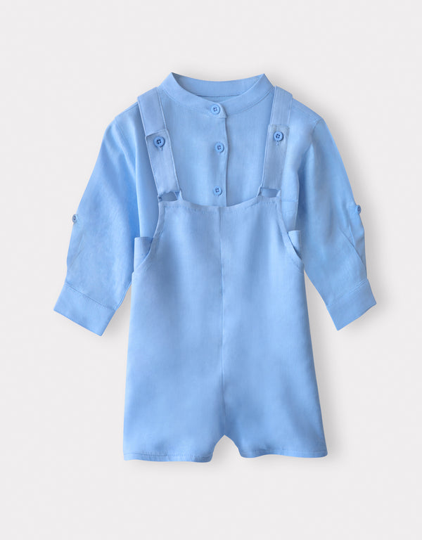 Toddler Boy Linen Overall Set with Tabbed Sleeve Shirt Light Blue