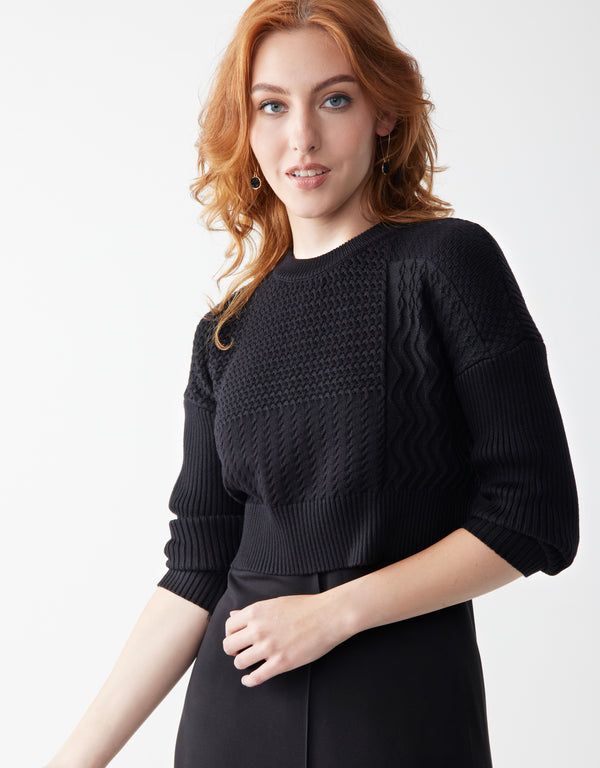 Multi Stitch Cropped Knit Sweater Black