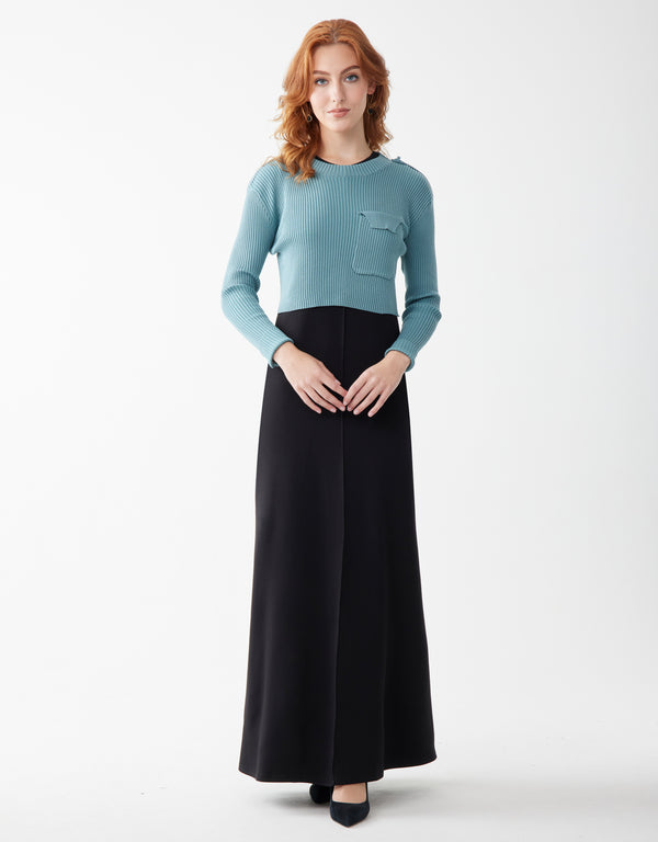 Cropped Ribbed Sweater with Pocket and Shoulder Detail Blue