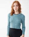 Cropped Ribbed Sweater with Pocket and Shoulder Detail Blue