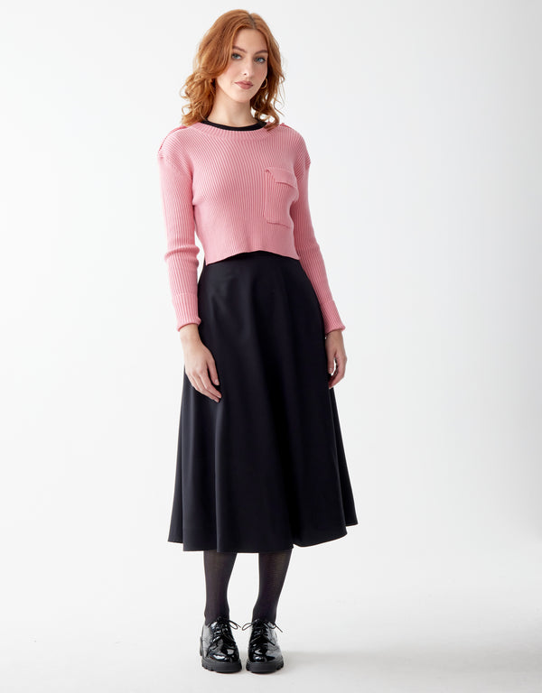 Cropped Ribbed Sweater with Pocket and Shoulder Detail Pink