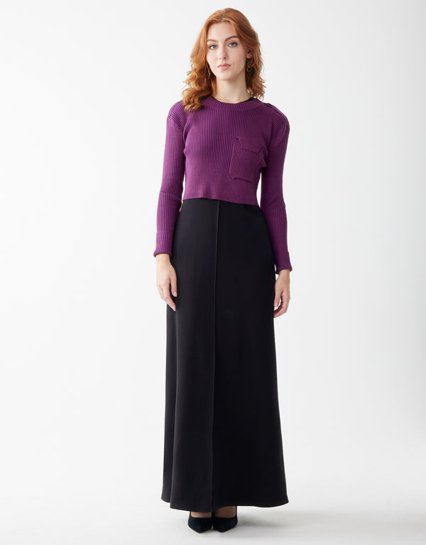 Cropped Ribbed Sweater with Pocket and Shoulder Detail Violet