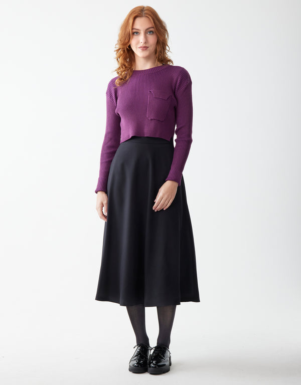 Cropped Ribbed Sweater with Pocket and Shoulder Detail Violet
