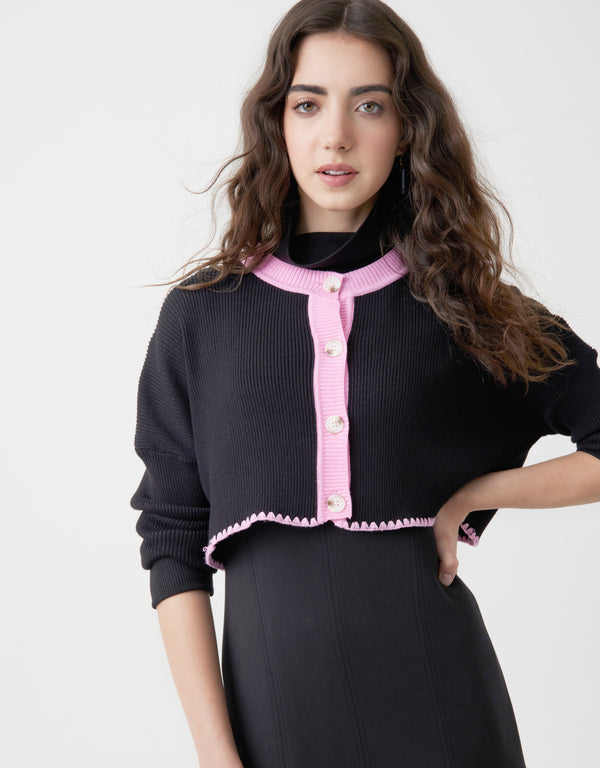 Cropped Button Cardigan with Picot Trim Black