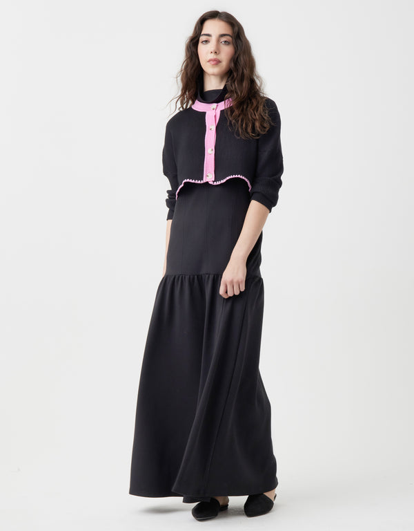 Cropped Button Cardigan with Picot Trim Black