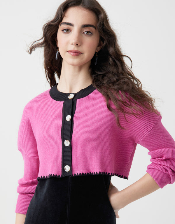 Cropped Button Cardigan with Picot Trim Candy
