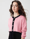 Cropped Button Cardigan with Picot Trim Pink