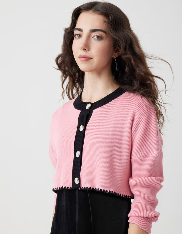 Cropped Button Cardigan with Picot Trim Pink