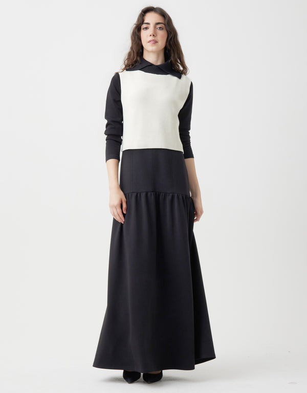 Split Collar Color Block Knit Vest Ivory