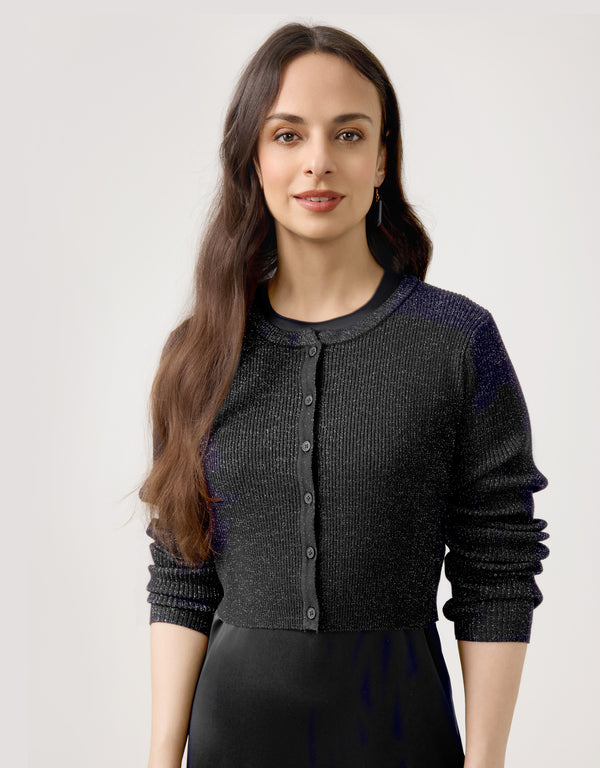 Cropped Ribbed Metallic Button Cardigan Black