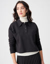 French Terry Cropped Button Collar Top With Back Pleat Black