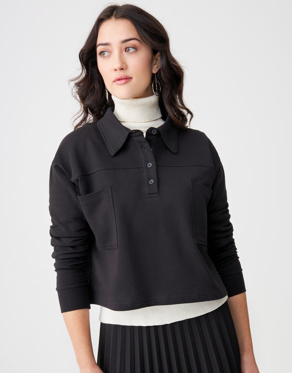 French Terry Cropped Button Collar Top With Back Pleat Black