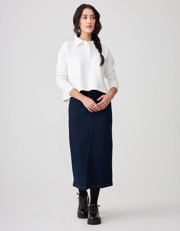 French Terry Cropped Button Collar Top With Back Pleat White