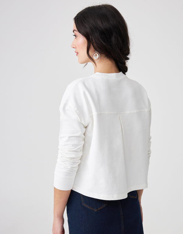 French Terry Cropped Button Collar Top With Back Pleat White