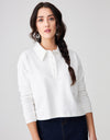 French Terry Cropped Button Collar Top With Back Pleat White