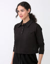 French Terry Cropped Button Collar Top With Back Pleat Black