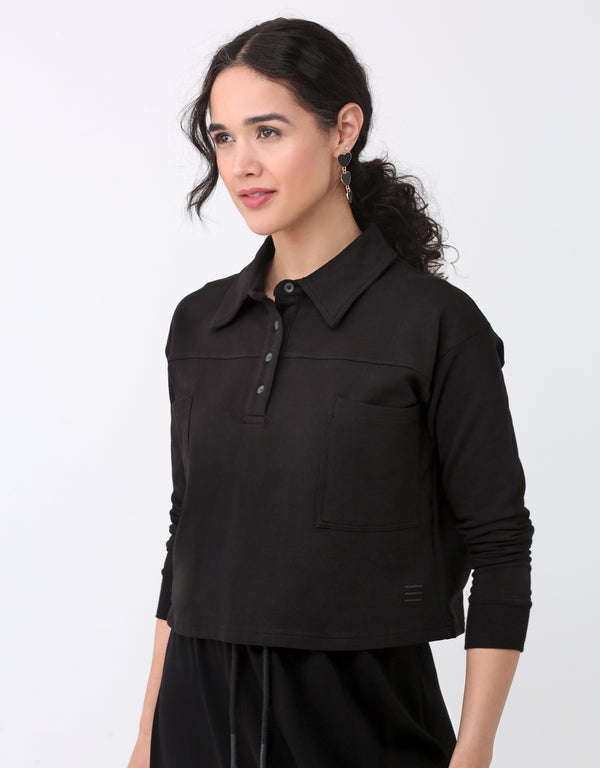French Terry Cropped Button Collar Top With Back Pleat Black
