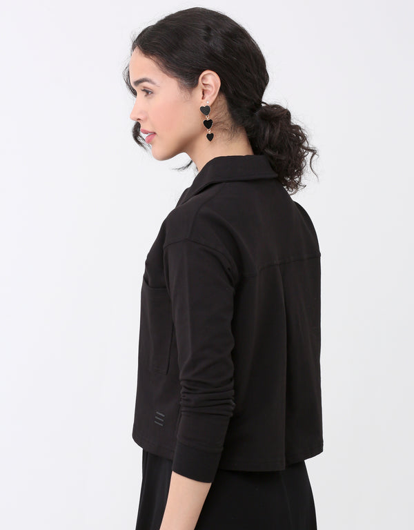 French Terry Cropped Button Collar Top With Back Pleat Black
