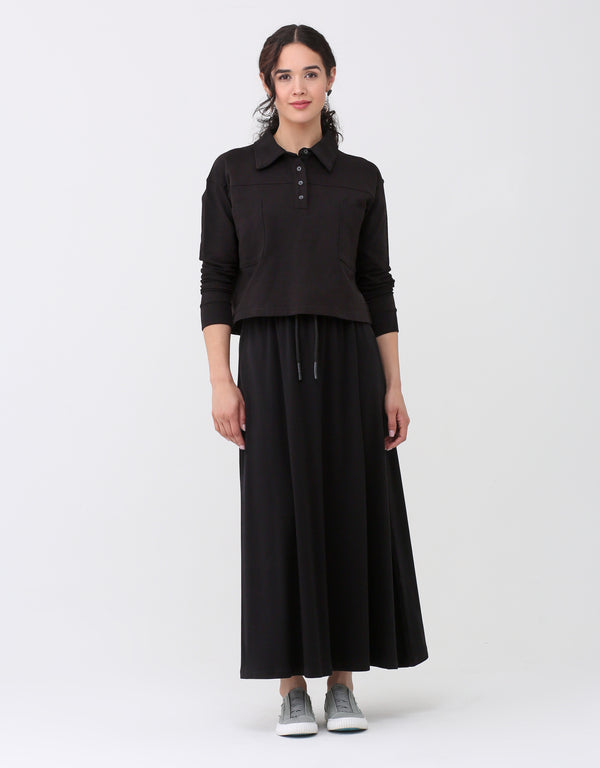 French Terry Cropped Button Collar Top With Back Pleat Black