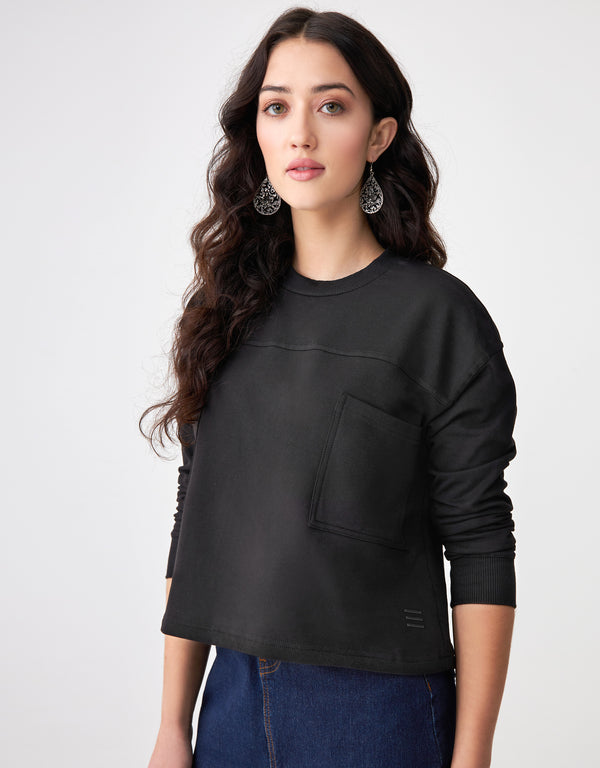 French Terry Cropped Pocket Sweatshirt Black