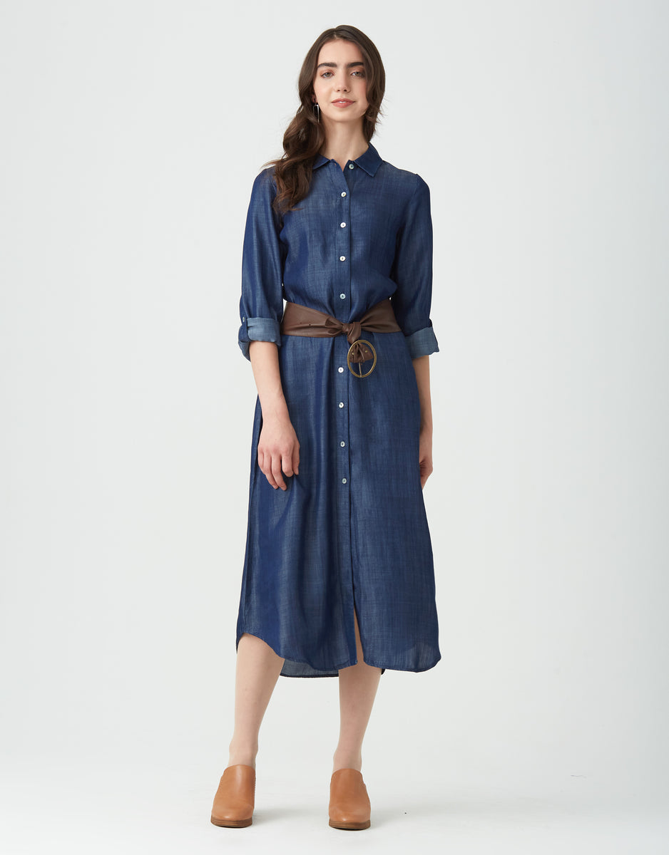 TRAFZA Women's Retro Denim Dress Short Sleeves Lapel With