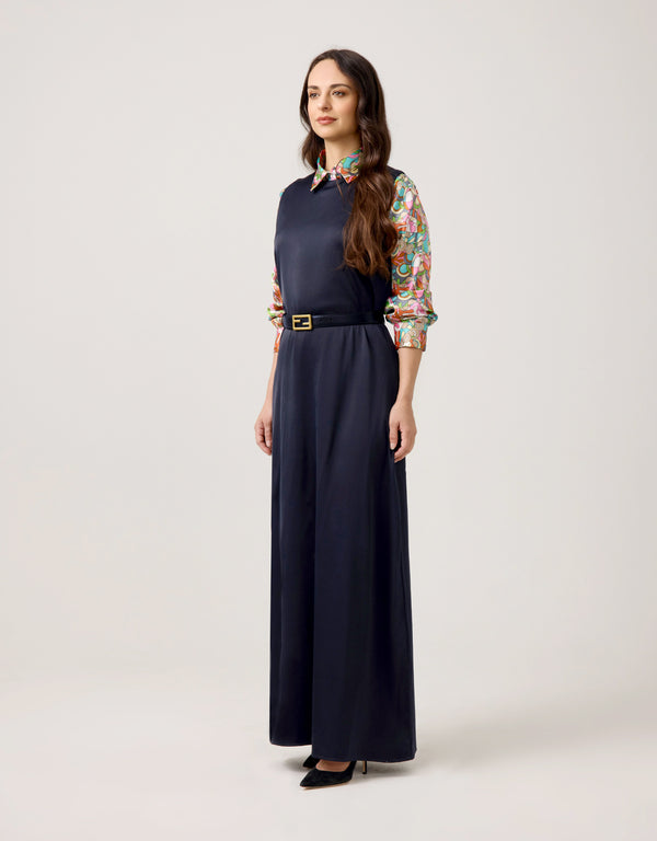 Satin Sleeveless Maxi Crew Shift Dress Navy