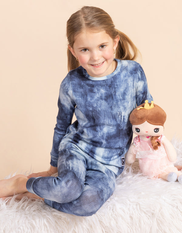 Pima Cotton Kids Pajamas Legging Playwear Set Denim Wash Blue