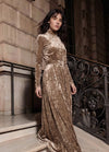 Elegant Golden Velvet Belted Maxi Dress