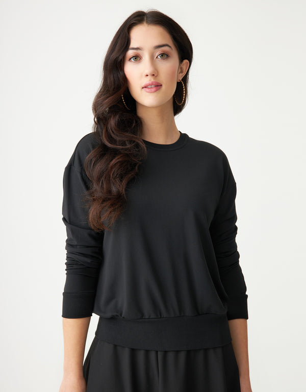 Stretch French Terry Crew Top with Back Bungee Black