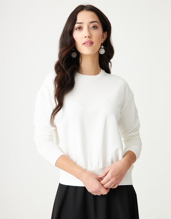 Stretch French Terry Crew Top with Back Bungee White