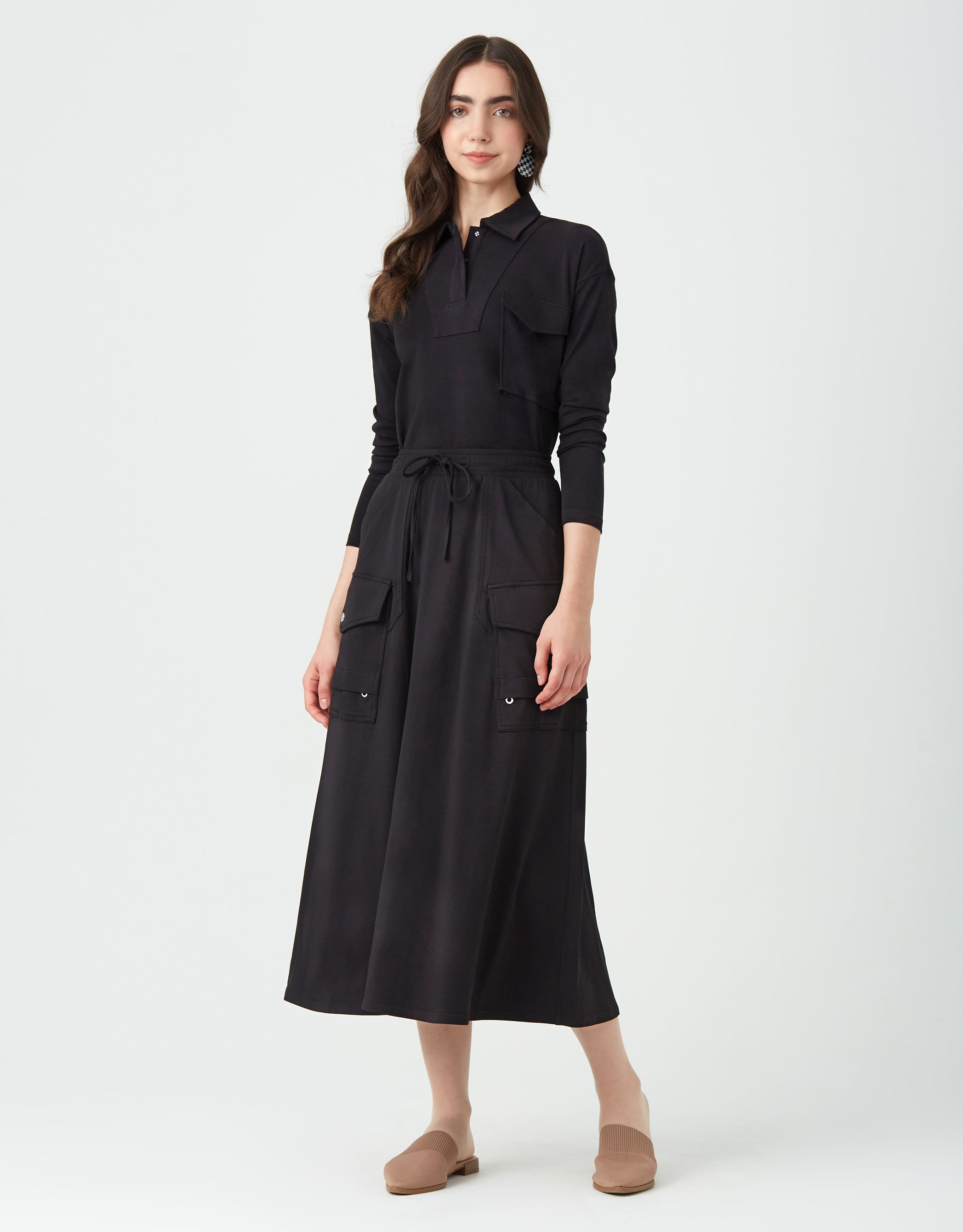33" Jersey Multi Pocket Aline Skirt with Drawstring Waist Black
