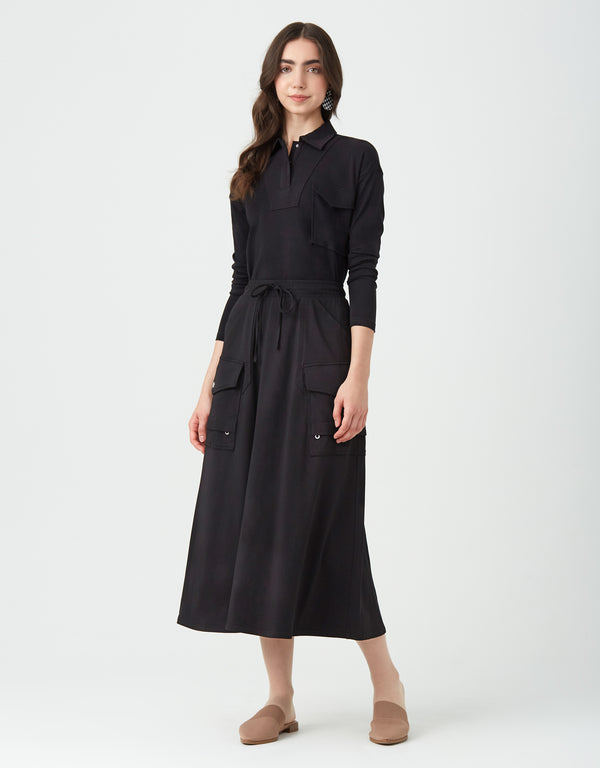 33" Jersey Multi Pocket Aline Skirt with Drawstring Waist Black