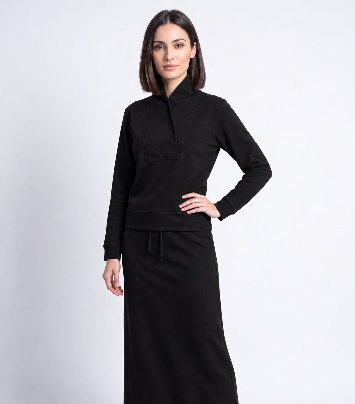 Black shawl-neck pullover with kangaroo pocket and drawstring hem, front view, long sleeves