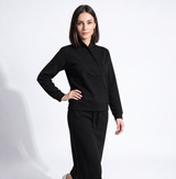 Black shawl-neck pullover with kangaroo pocket, drawstring hem, long sleeves side view