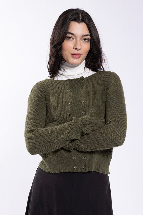 Ribbed Button-Front Olive Cardigan