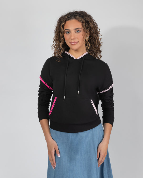 Pull On Hoodie with Crochet Trim pink Black