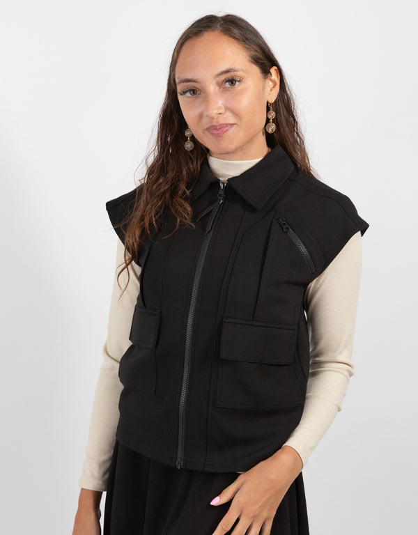 Black Utility Zip Vest With Pockets